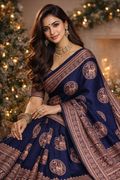 Royal Navy Blue Lichi Silk Saree with Heavy Jacquard Pallu – Premium Festive Wear