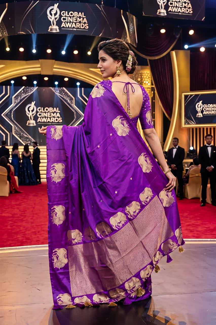 Royal Purple Jacquard Silk Saree – Celebrity Style Look