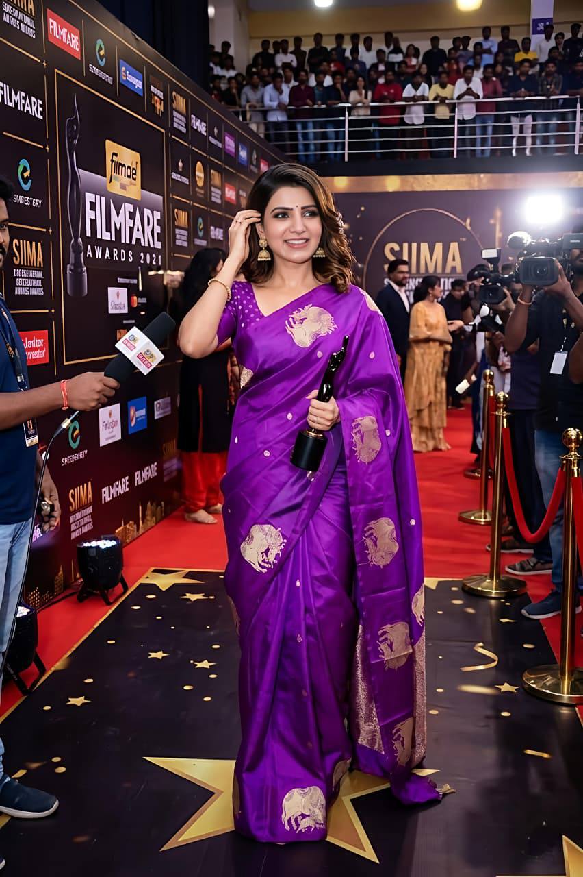 Royal Purple Jacquard Silk Saree – Celebrity Style Look