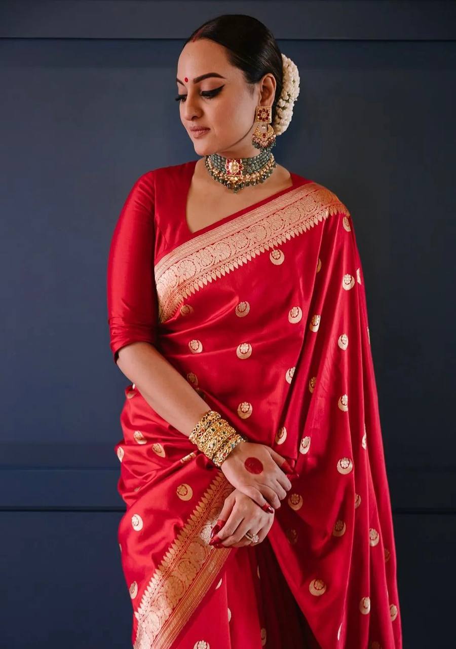 Royal Red Lichi Silk Saree with Rich Zari Pallu & Jacquard Weaving