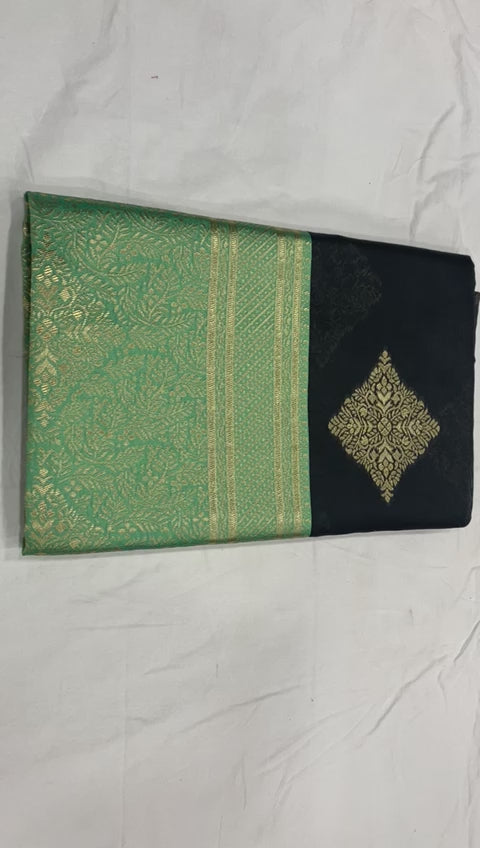 Royal Black Soft Lichi Silk Saree with Parrot Green Jacquard Border