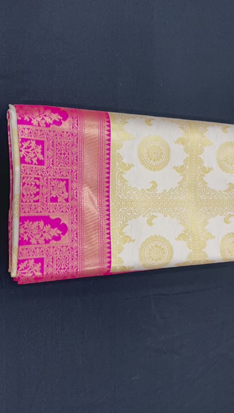 Royal Cream Soft Lichi Silk Saree with Rich Pink Jacquard Pallu