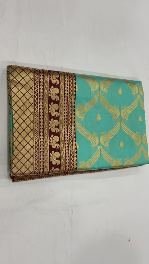 Aqua Blue Soft Lichi Silk Saree with Maroon Rich Border