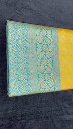 Premium Yellow Soft Lichi Silk Saree with Teal Jacquard Border & Rich Pallu