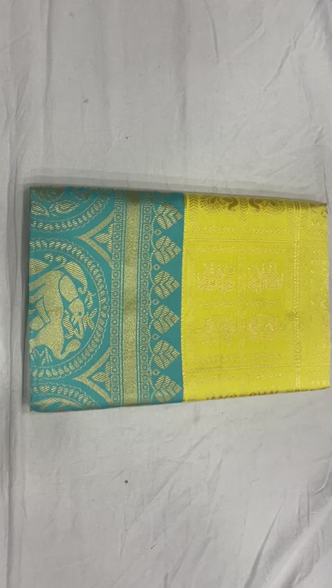Sunshine Yellow Soft Lichi Silk Saree with Turquoise Jacquard Border