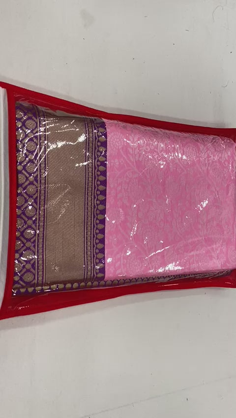Blush Pink Lichi Silk Saree with Royal Purple Zari Border & Designer Blouse
