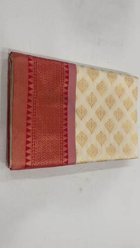 Royal Cream & Red Soft Lichi Silk Saree – Traditional Jacquard Festive Wear