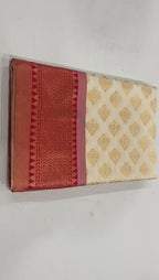 Royal Cream & Red Soft Lichi Silk Saree – Traditional Jacquard Festive Wear