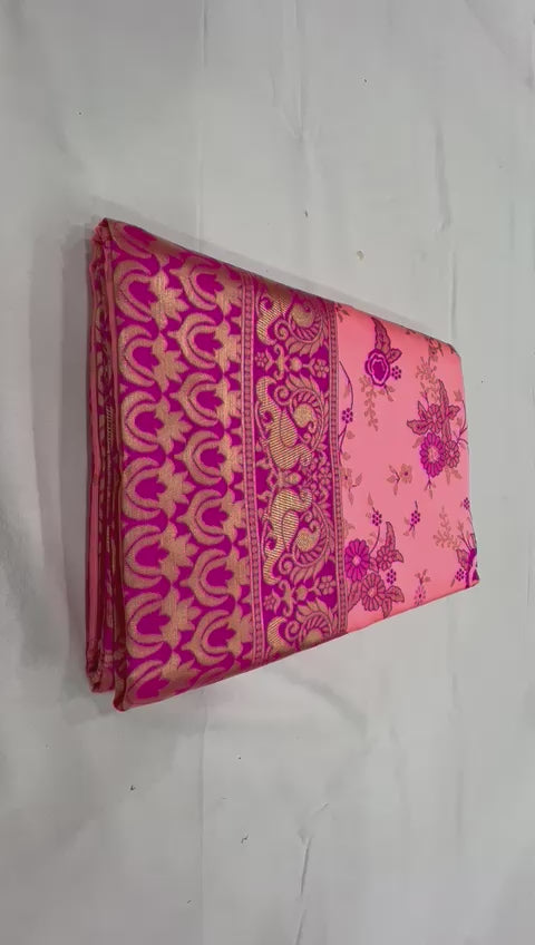 Royal Peach Pink Soft Lichi Silk Saree with Grand Jacquard Pallu