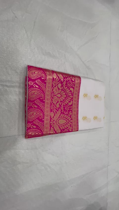 Graceful Cream Soft Lichi Silk Saree with Rich Pink Jacquard Border
