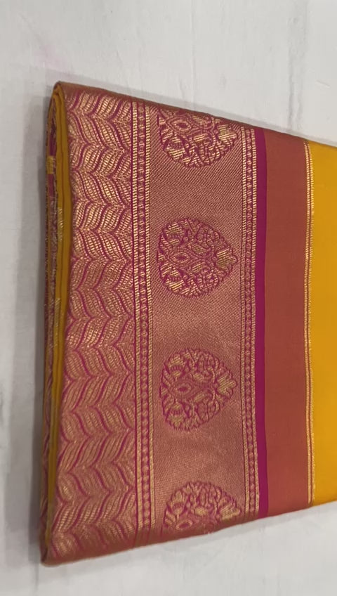 Royal Mustard Yellow Soft Lichi Silk Saree with Pink Jacquard Pallu