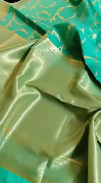 Aqua Green Soft Lichi Silk Saree with Golden Jacquard Border