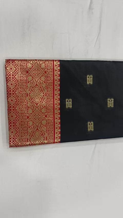 Classic Black Soft Lichi Silk Saree with Grand Red Jacquard Border