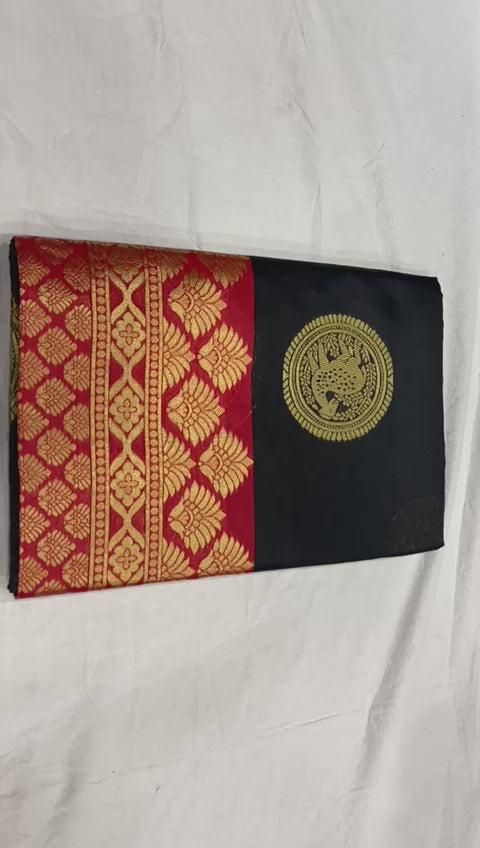 Royal Black Soft Lichi Silk Saree with Rich Red Jacquard Pallu