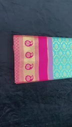 Royal Turquoise Soft Lichi Silk Saree with Pink Rich Pallu