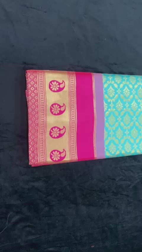 Royal Turquoise Soft Lichi Silk Saree with Pink Rich Pallu