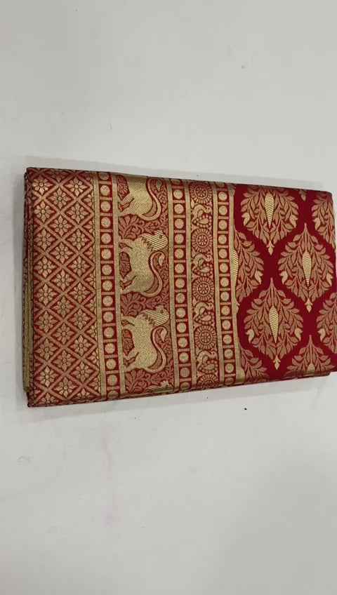 Royal Red Lichi Silk Saree with Grand Golden Jacquard Pallu