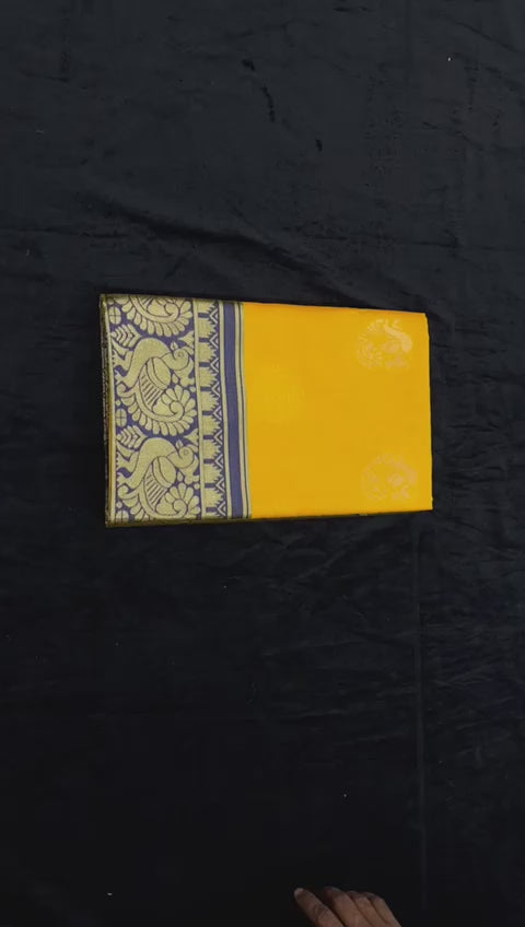 Royal Yellow Soft Lichi Silk Saree with Blue Jacquard Border