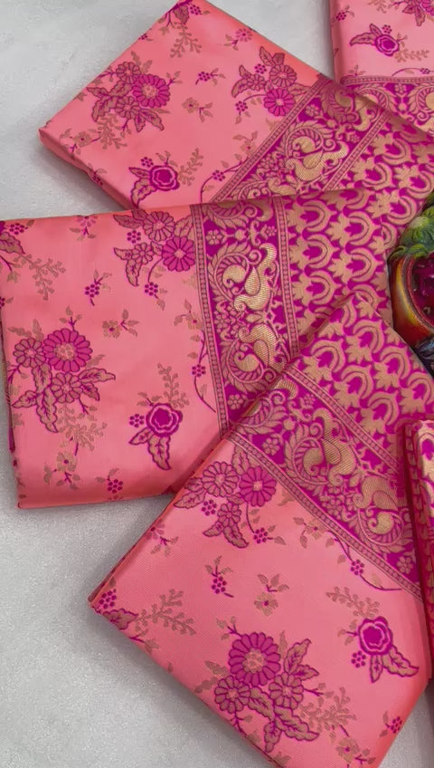 Royal Peach Pink Soft Lichi Silk Saree with Grand Jacquard Pallu