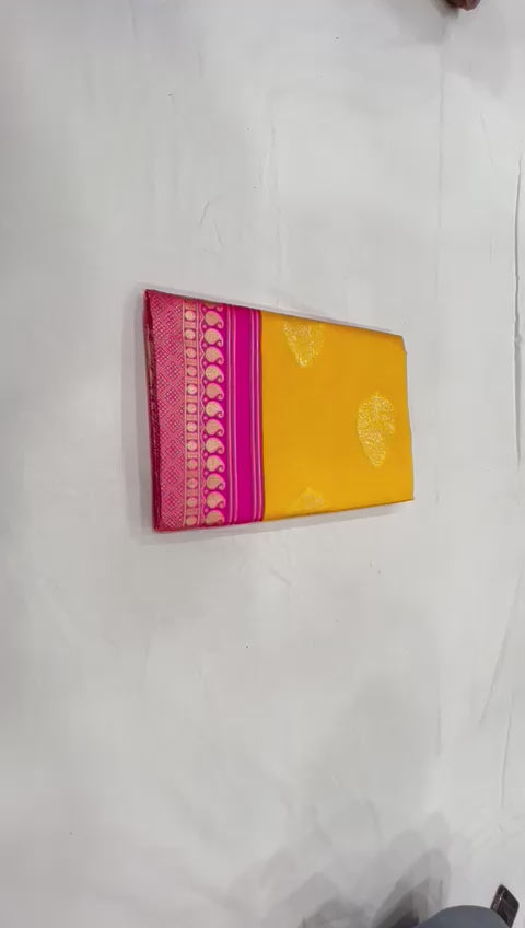 Royal Mustard Lichi Silk Saree with Pink Rich Pallu