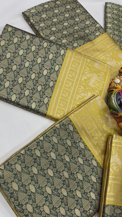Royal Green Soft Lichi Silk Saree with Grand Mustard Gold Pallu