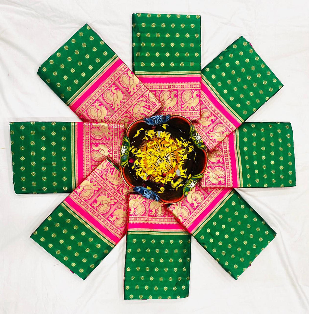Emerald Green Lichi Silk Saree with Royal Pink Zari Border