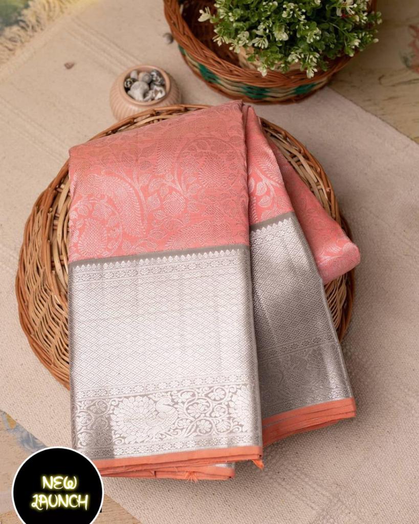 Elegant Peach Soft Lichi Silk Saree with Silver Jacquard Pallu