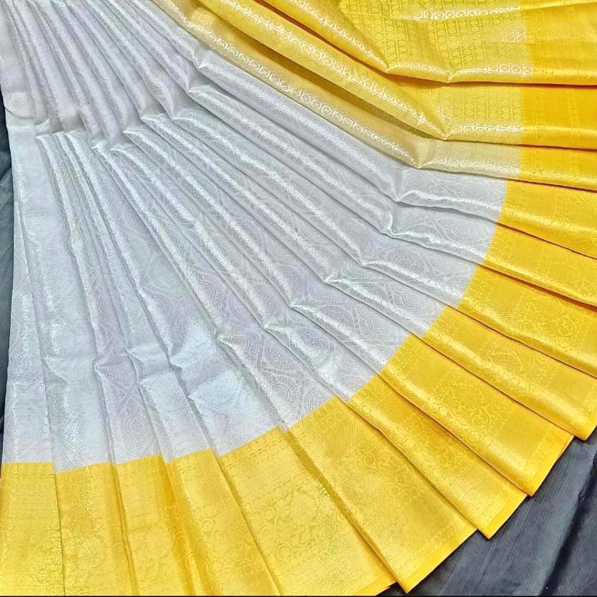 Elegant White & Yellow Soft Lichi Silk Saree with Rich Jacquard Pallu