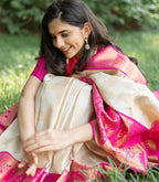 Royal Cream Soft Lichi Silk Saree with Rich Pink Jacquard Pallu