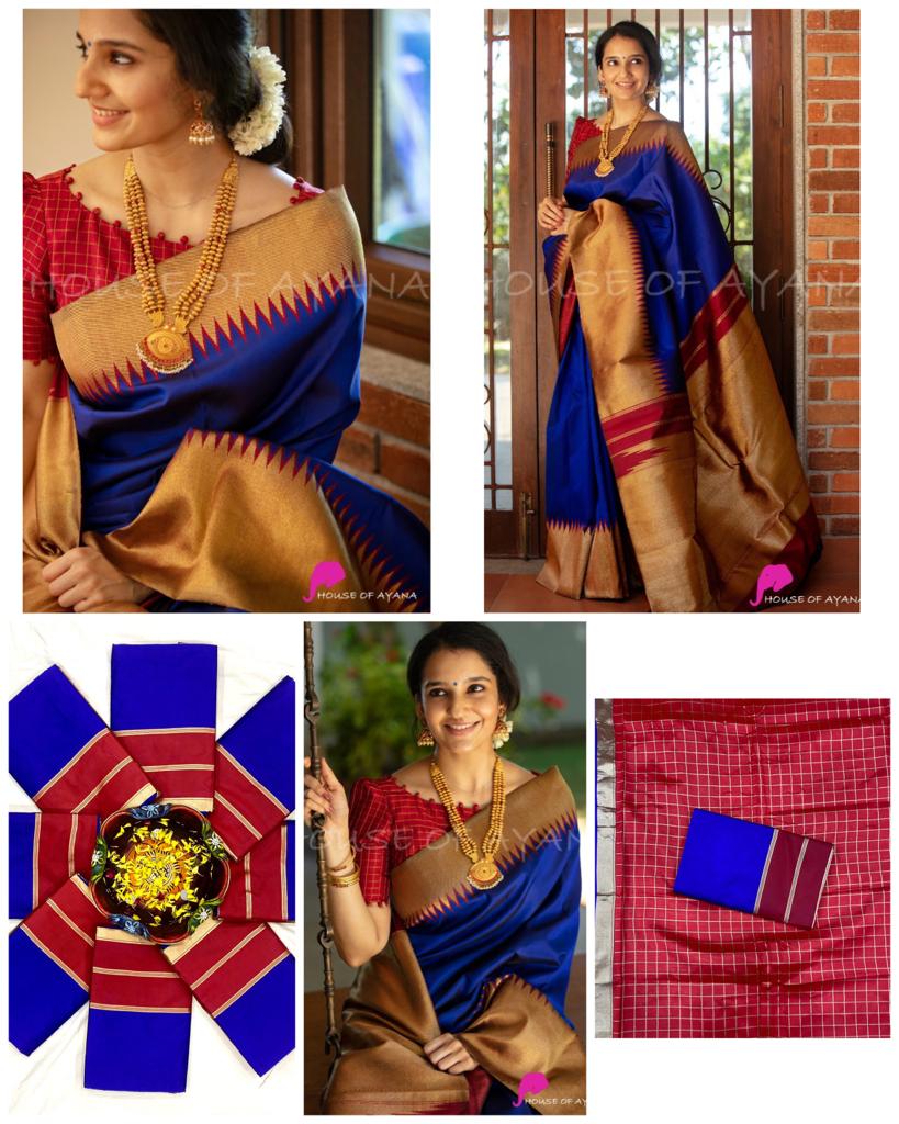 Royal Blue Lichi Silk Saree with Grand Golden Pallu