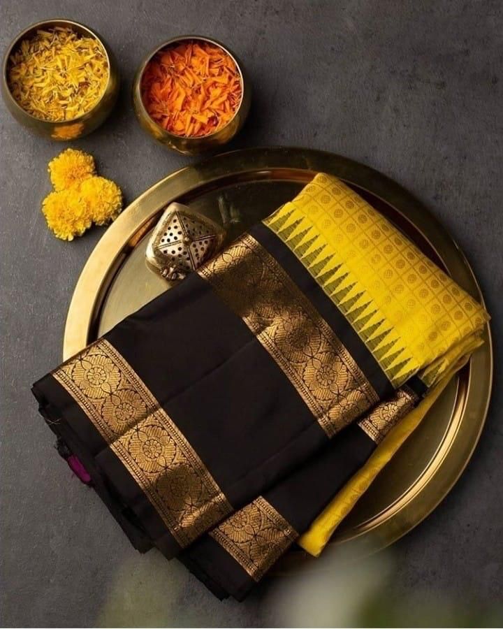 Royal Yellow & Black Soft Lichi Silk Saree with Rich Jacquard Pallu