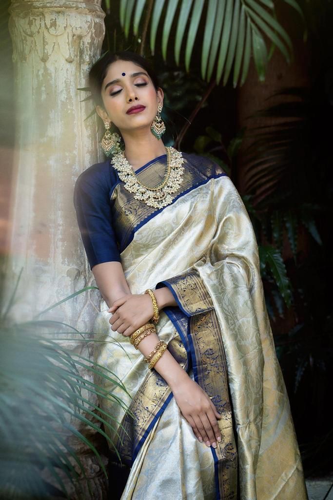 Royal Cream Soft Lichi Silk Saree with Classic Jacquard Border