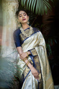 Royal Cream Soft Lichi Silk Saree with Classic Jacquard Border