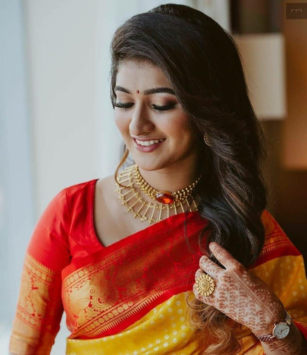 Royal Red & Yellow Soft Lichi Silk Saree with Rich Jacquard Pallu