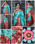 Royal Turquoise Soft Lichi Silk Saree with Pink Rich Pallu