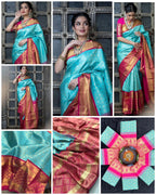 Royal Turquoise Soft Lichi Silk Saree with Pink Rich Pallu