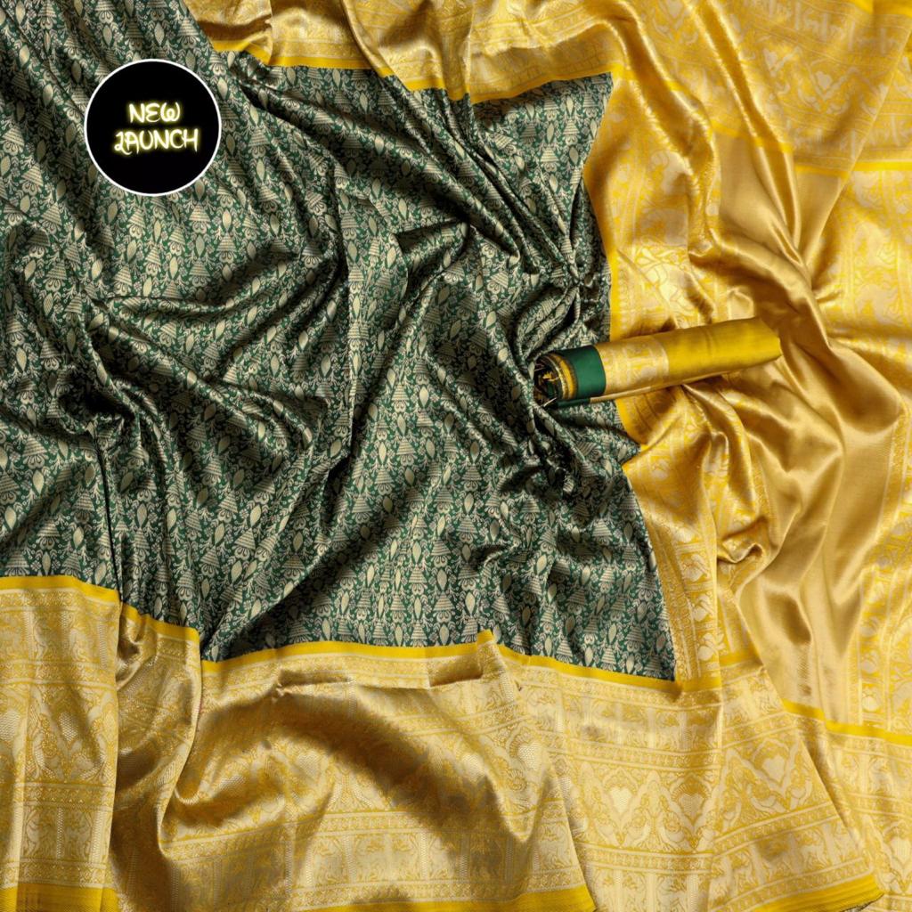 Royal Green Soft Lichi Silk Saree with Grand Mustard Gold Pallu