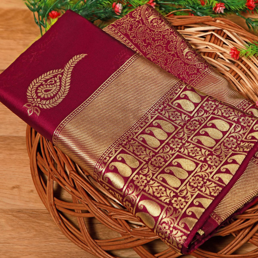 Royal Maroon Soft Lichi Silk Saree – Rich Golden Jacquard Pallu