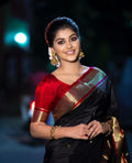 Classic Black Soft Lichi Silk Saree with Grand Red Jacquard Border