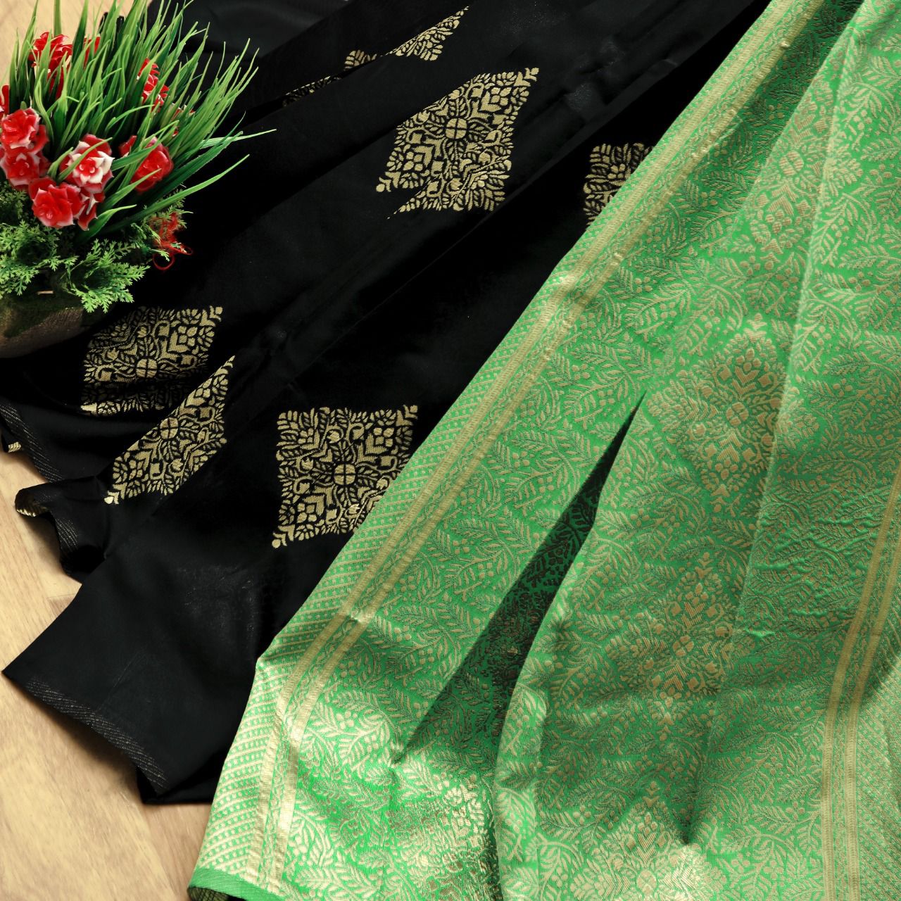Royal Black Soft Lichi Silk Saree with Parrot Green Jacquard Border