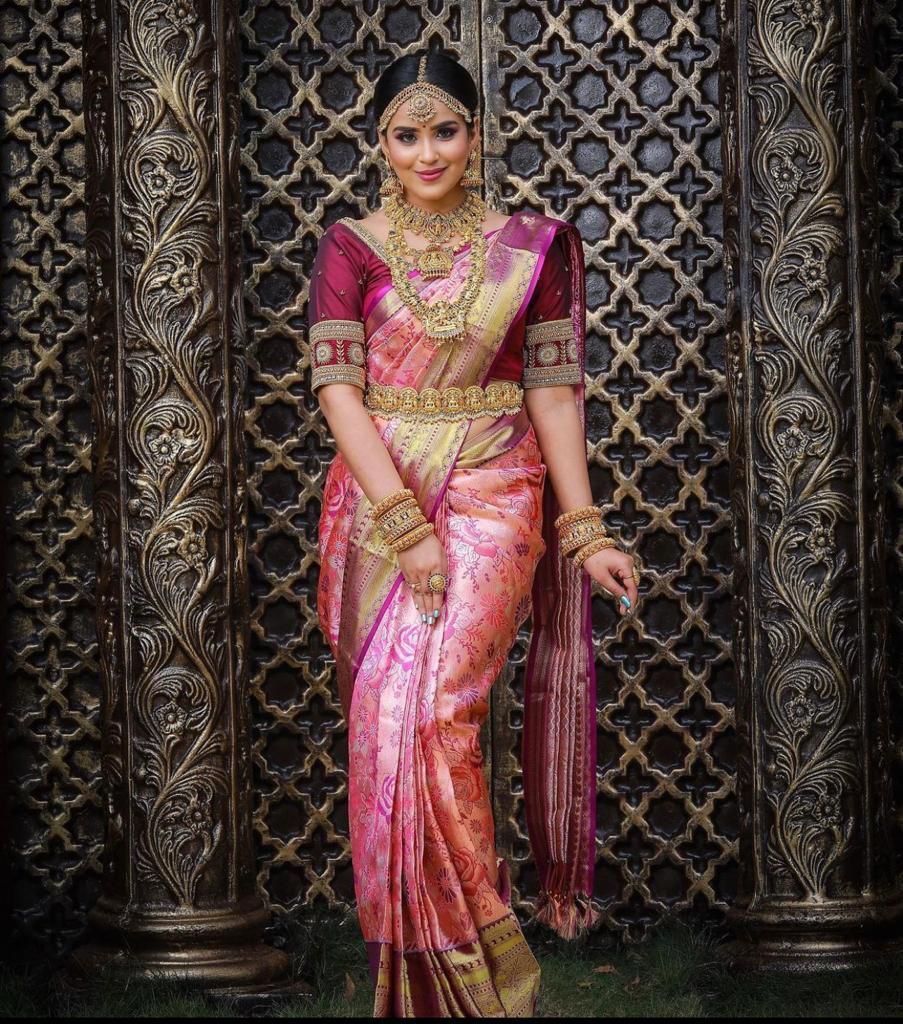 Royal Peach Pink Soft Lichi Silk Saree with Grand Jacquard Pallu
