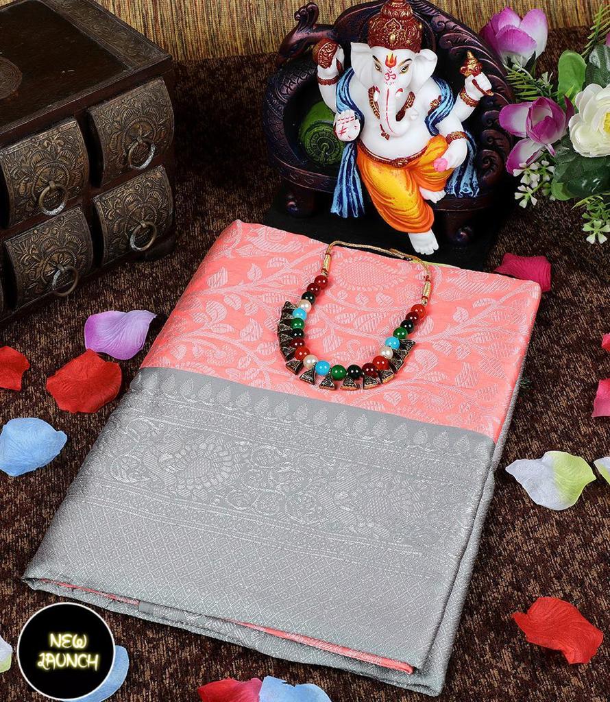 Elegant Peach Soft Lichi Silk Saree with Silver Jacquard Pallu
