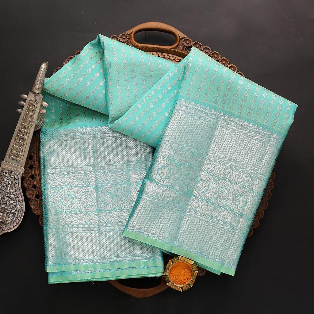 Elegant Aqua Soft Lichi Silk Saree with Rich Silver Jacquard Pallu