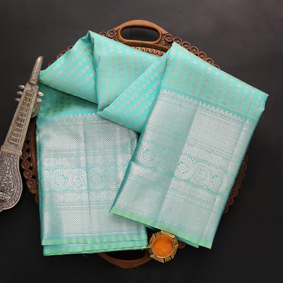 Elegant Aqua Soft Lichi Silk Saree with Rich Silver Jacquard Pallu