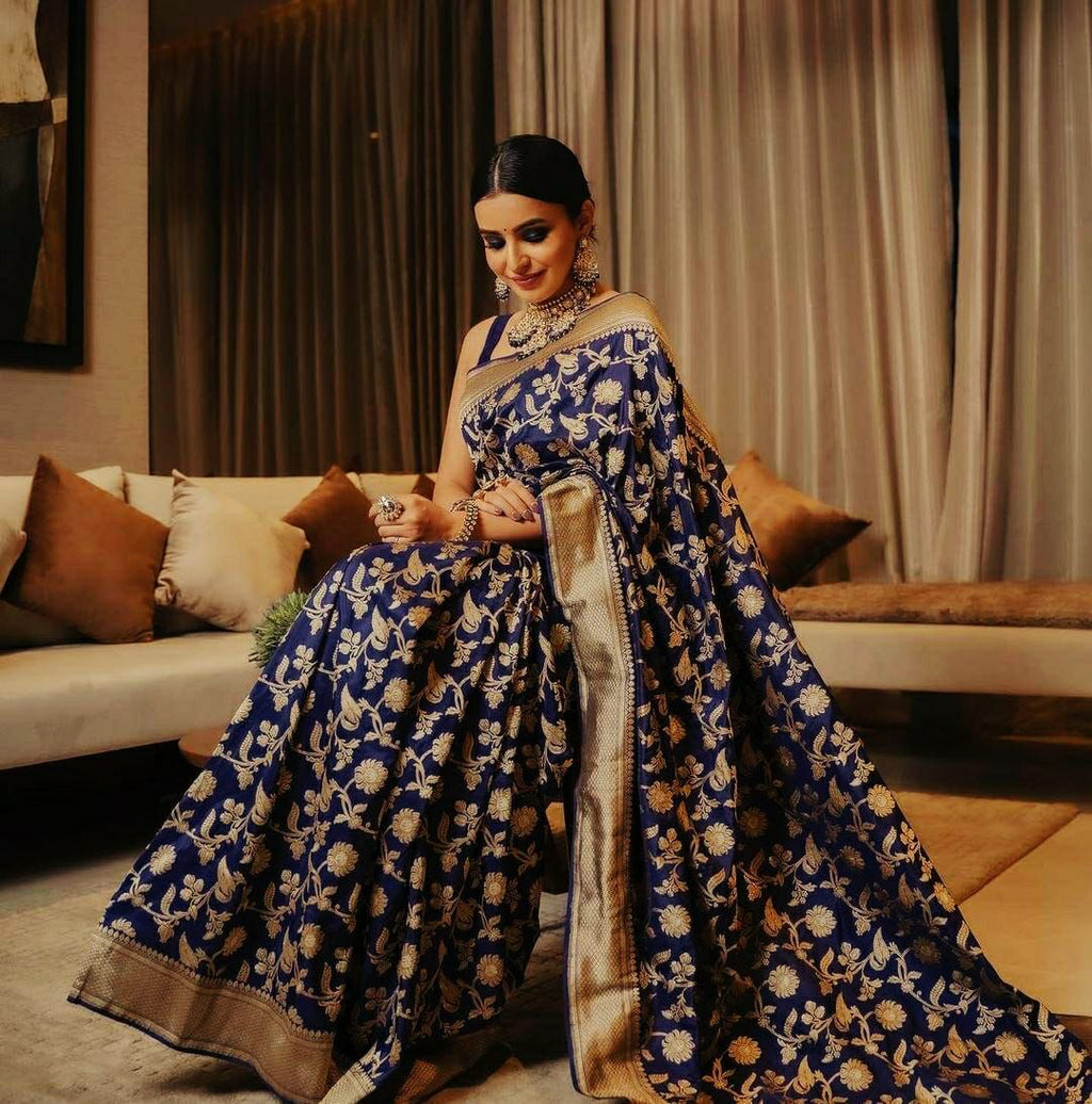 Royal Blue Soft Lichi Silk Saree with Rich Golden Jacquard