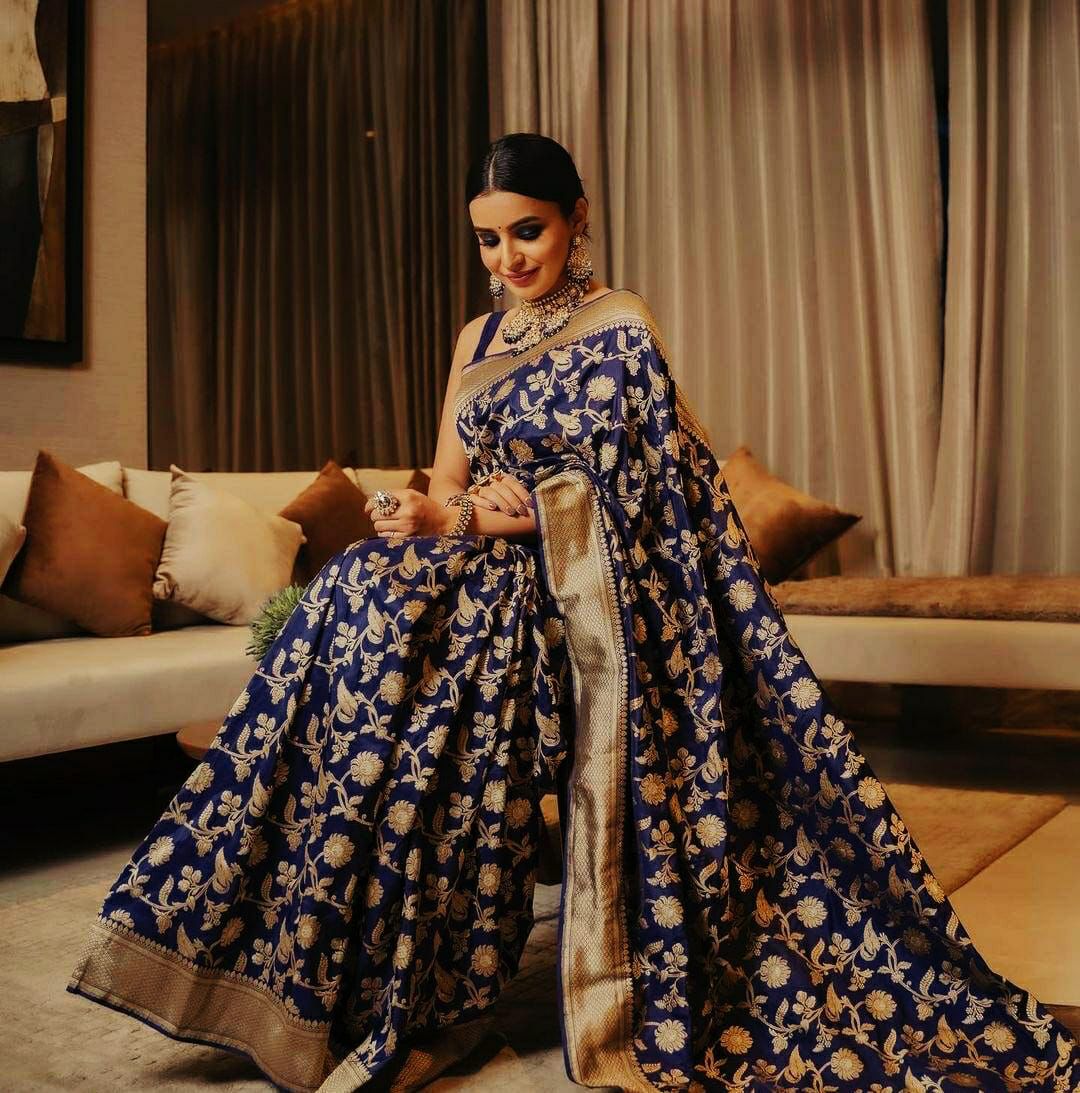 Royal Blue Soft Lichi Silk Saree with Rich Golden Jacquard