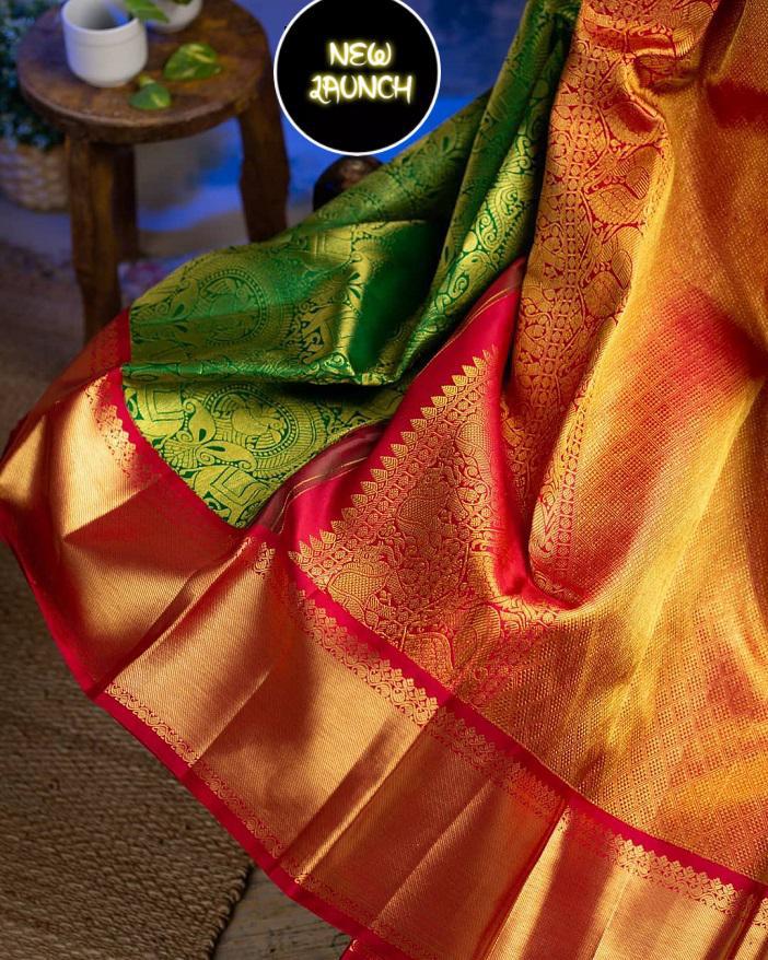 Royal Green Soft Lichi Silk Saree with Grand Copper Gold Pallu