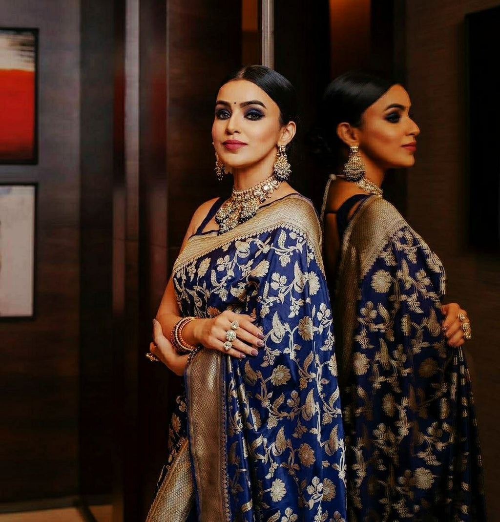 Royal Blue Soft Lichi Silk Saree with Rich Golden Jacquard