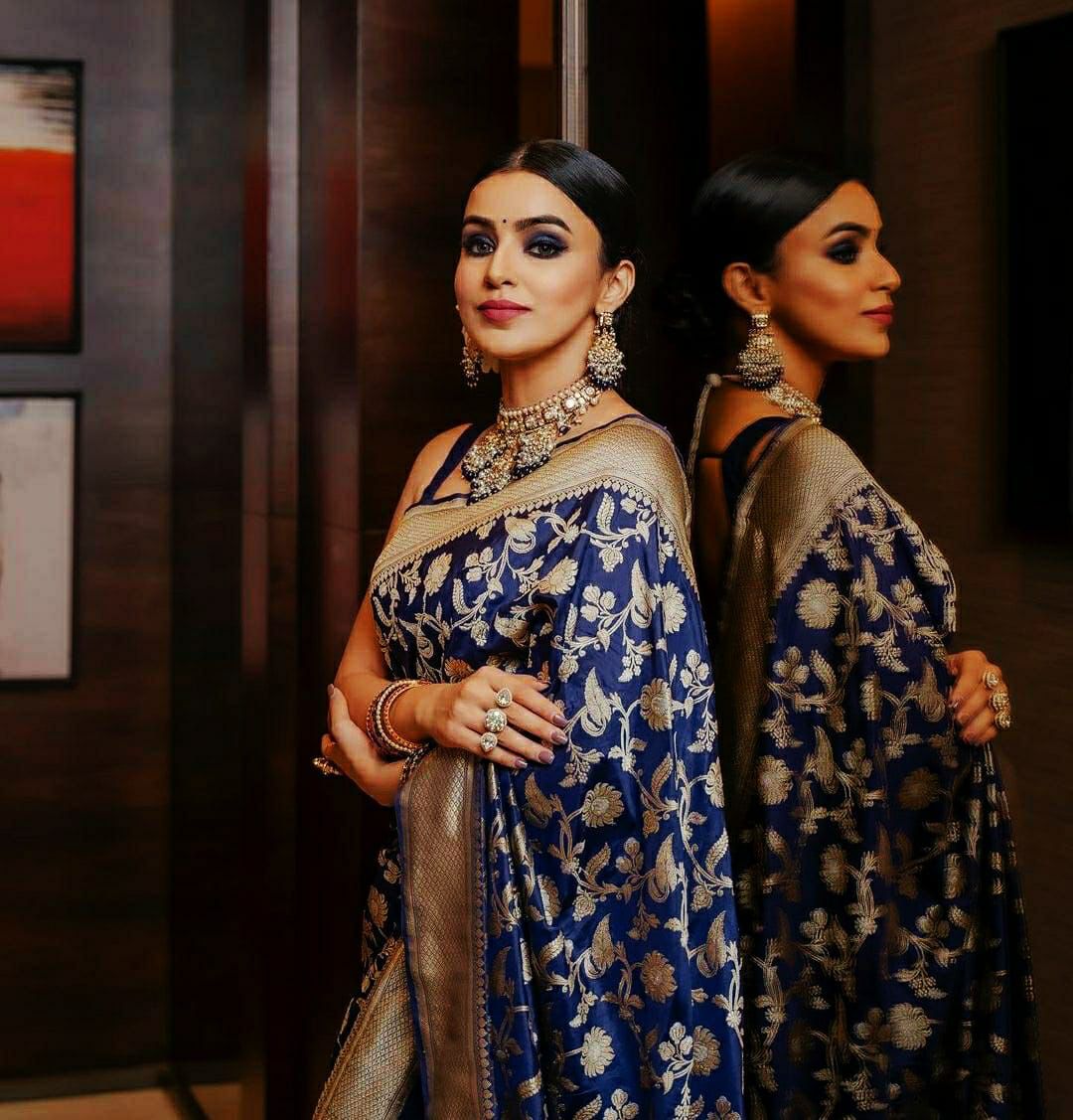 Royal Blue Soft Lichi Silk Saree with Rich Golden Jacquard