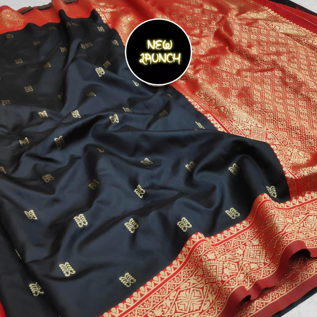 Classic Black Soft Lichi Silk Saree with Grand Red Jacquard Border